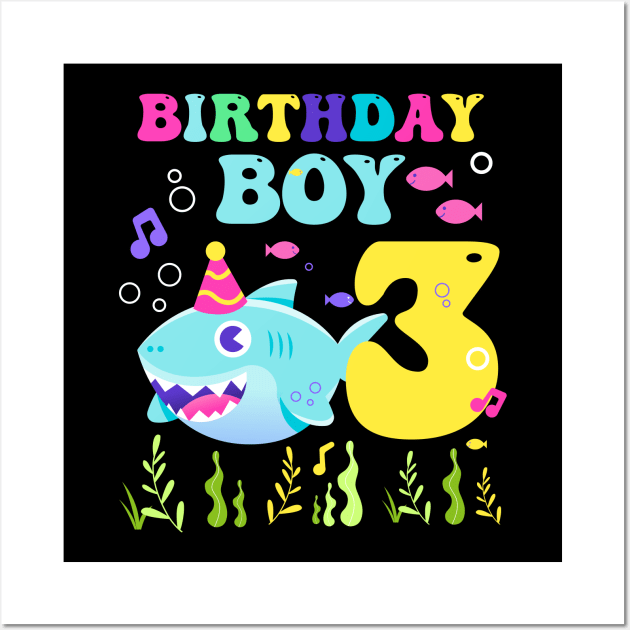 3rd Birthday Boy Shark Funny B-day Gift For Kids Tollders Wall Art by ttao4164